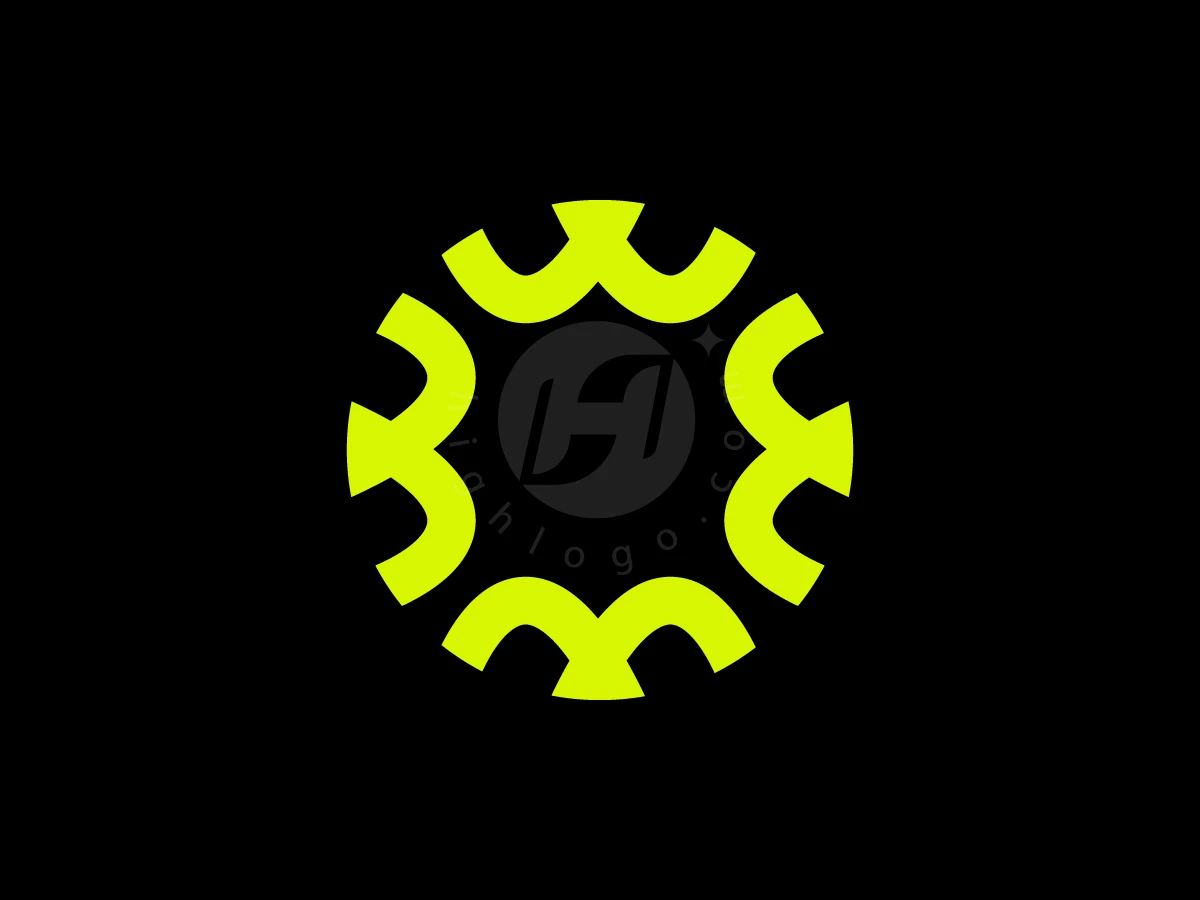 Unity Letter W Logo, Centered on a black background, vivid lime-yellow arches form a circular gear emblem around a faint dark icon.