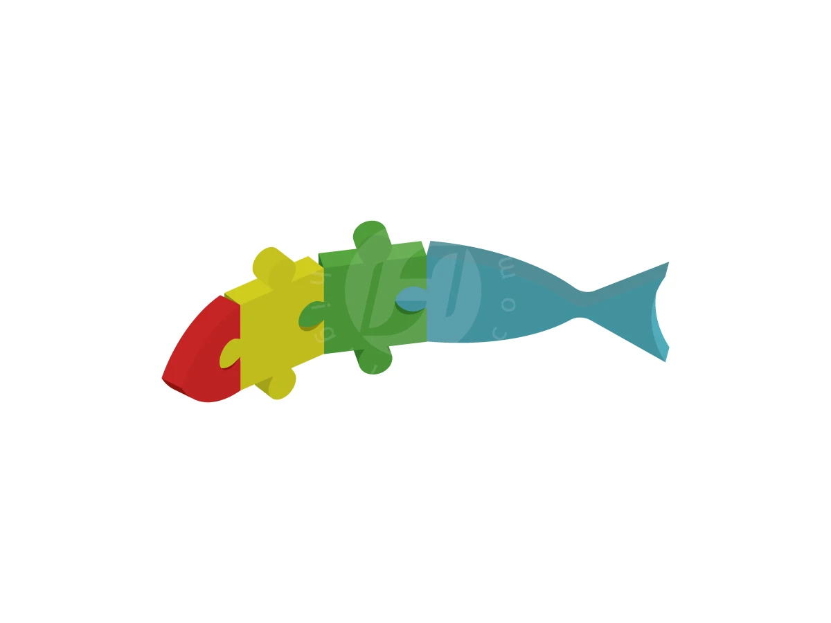 Jigsaw pieces in red, yellow, green, and blue interlock to form a 3D fish for this puzzle logo.