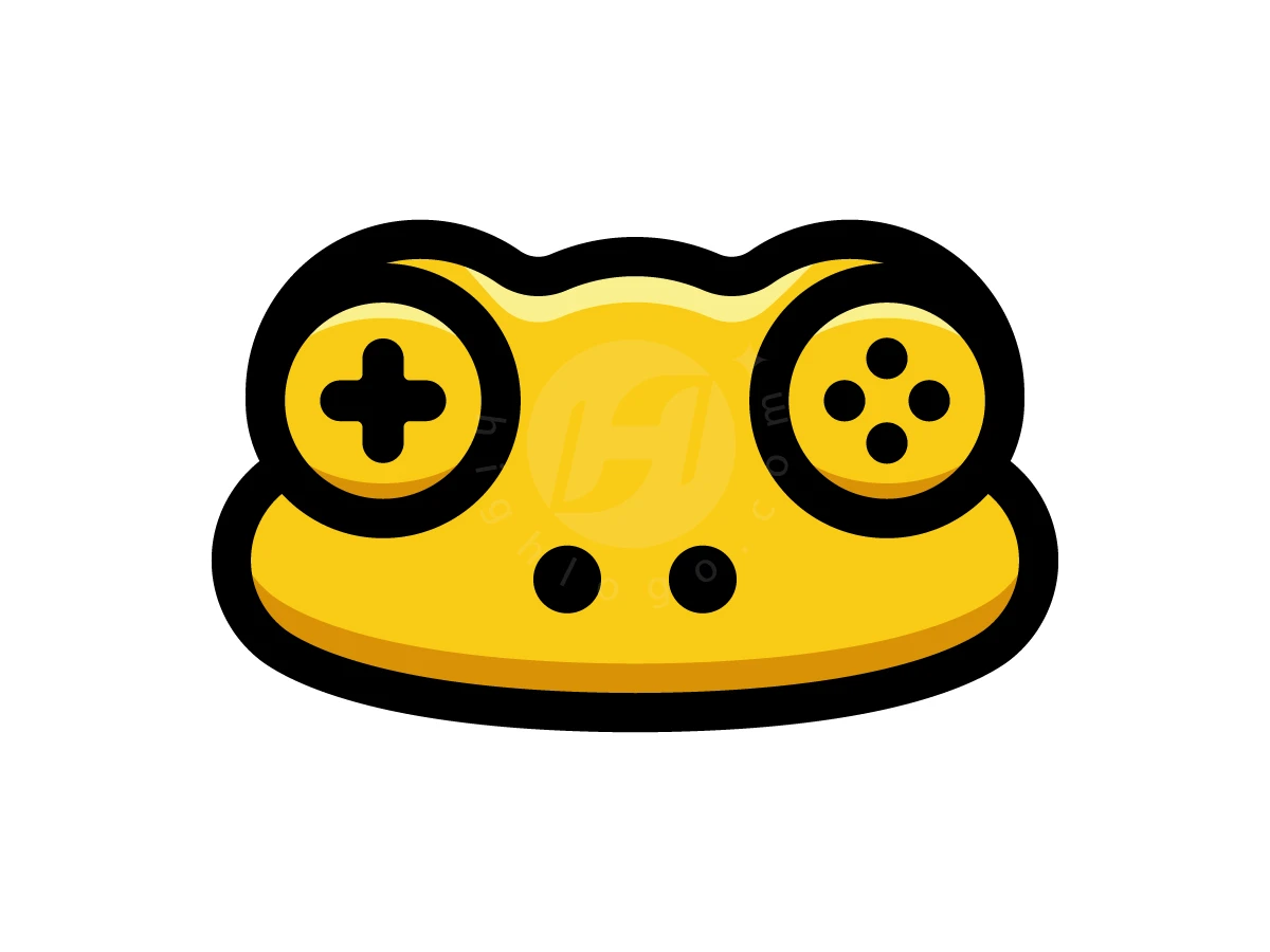 Gaming Frog Logo, Frog head mascot in yellow features black D-pad and action button eyes, thick black outlines, and nostrils.