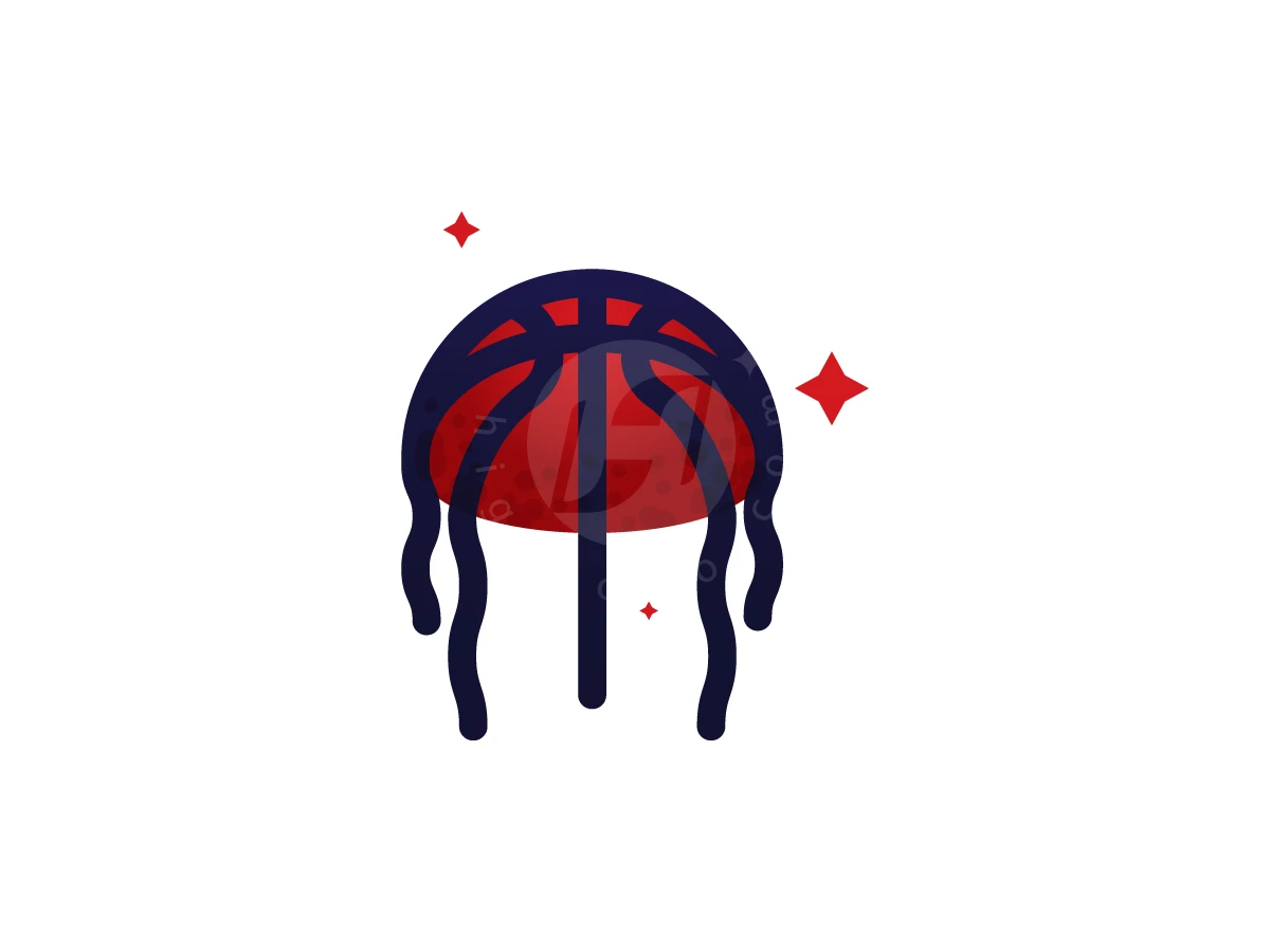 Jellyfish And Basket Logo, Jellyfish tentacles in dark blue overlap a red basketball dome, accented by three red stars on white.