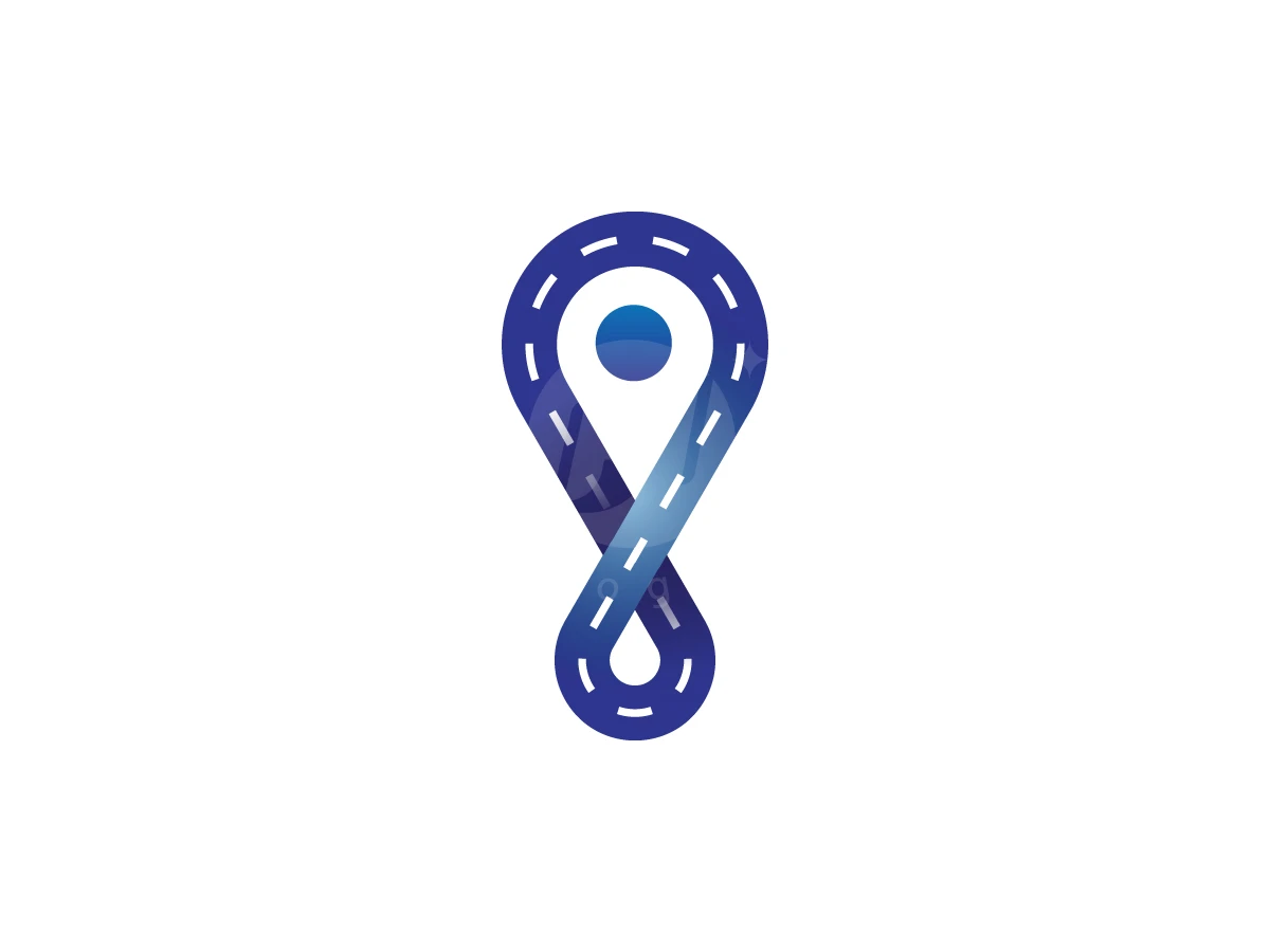 Infinity Roadmap Logo, Twisting blue road loops shape an infinity-style map pin with dashed white lanes on a clean white background.