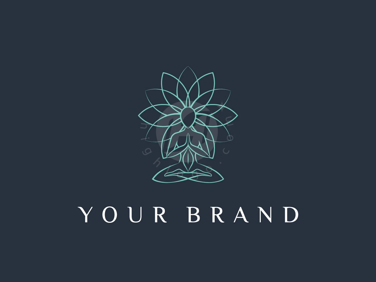 Outlines of a meditating figure and lotus flower in teal form this logo above white serif text on navy.