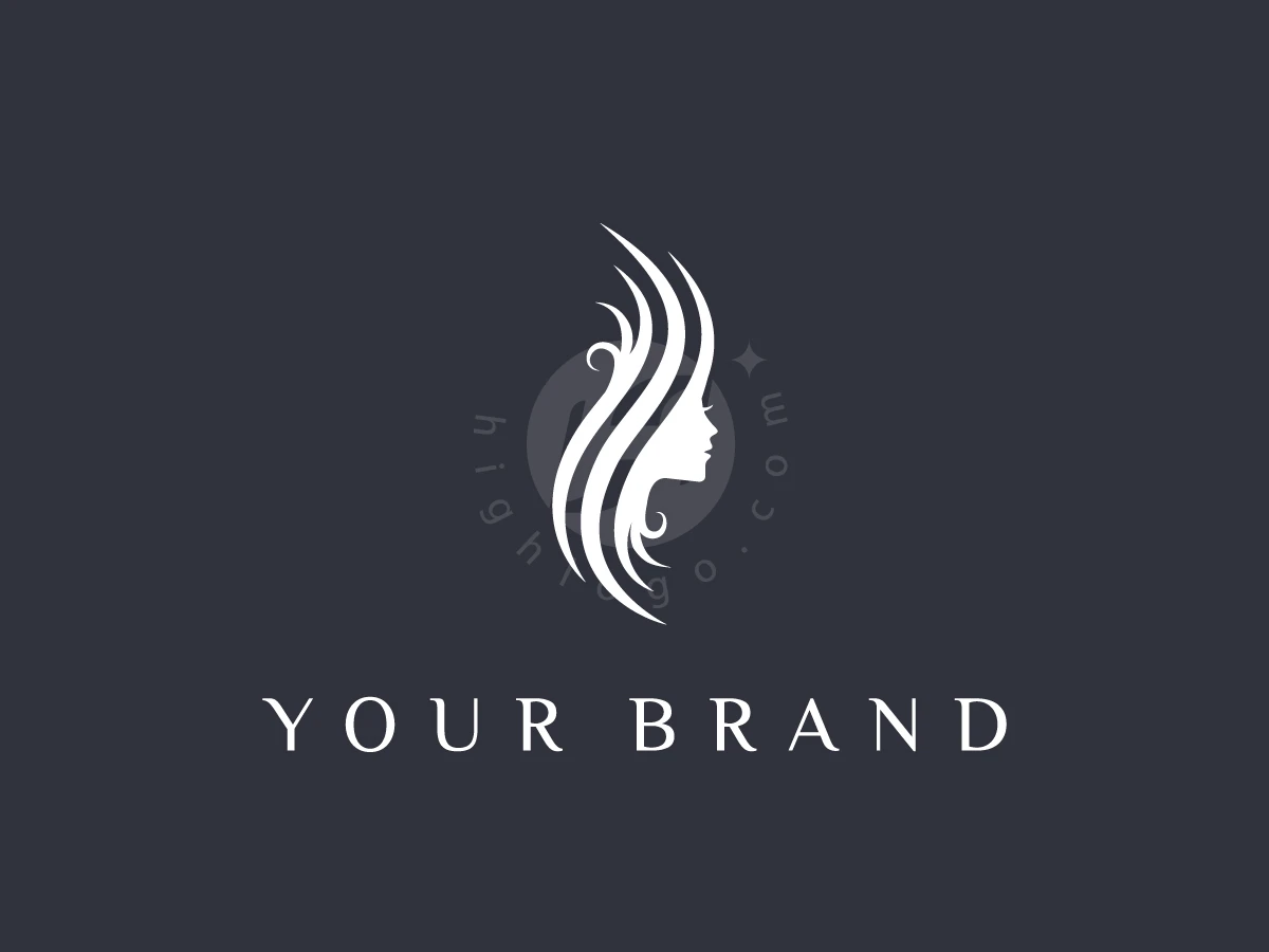 Strokes of white hair form a woman's profile in this Wild Woman Hairstyle logo above serif typography on dark grey.