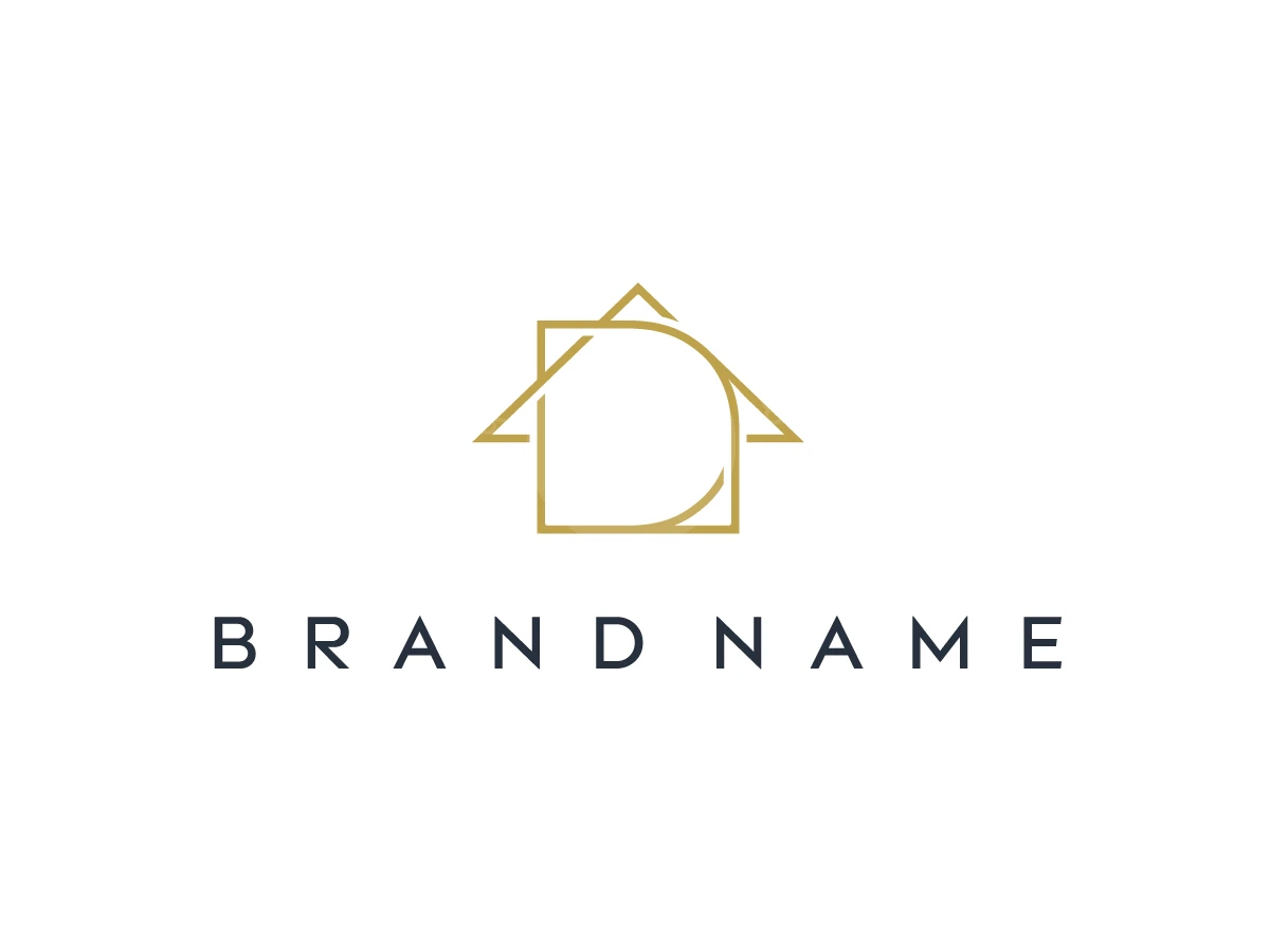 Integrating a house outline and letter D, this gold monoline minimalist D House logo features dark brand name typography.