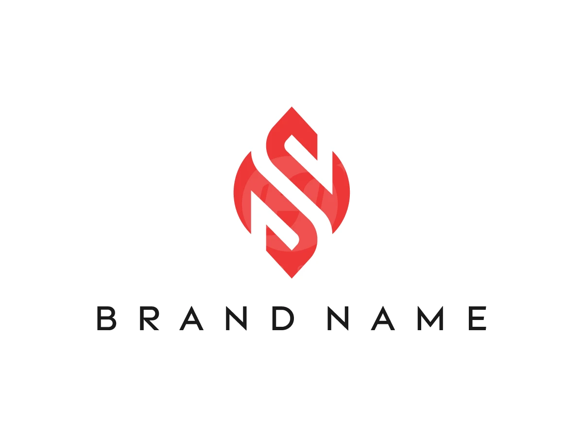 Brand name text in black sits beneath a red diamond-shaped logo featuring a negative space S on white.