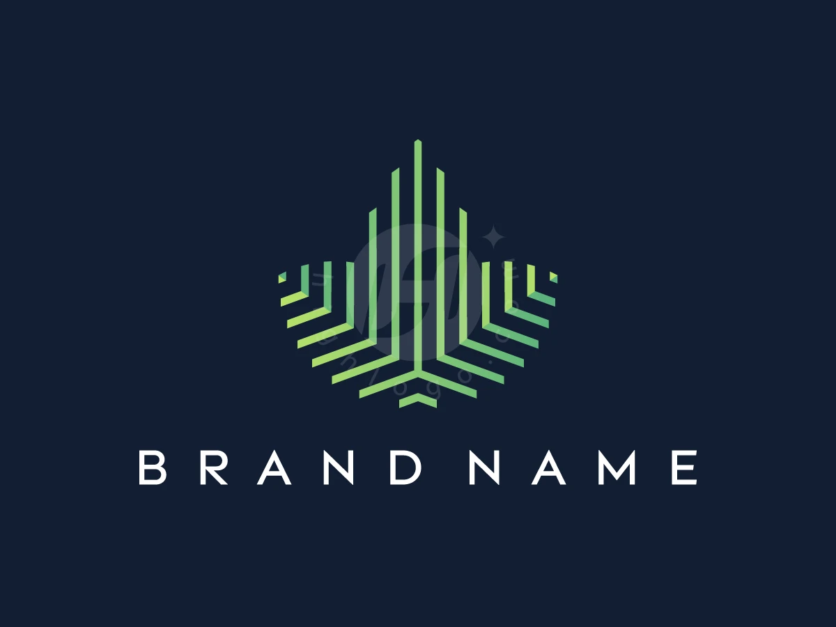 Lotus Real Estate Logo, Stripes of green form a geometric leaf emblem above white BRAND NAME text on a dark navy background.