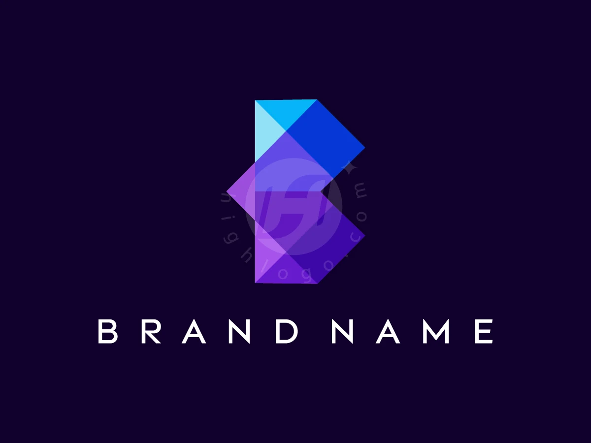 B Overlapping Color Geometric Logo, Polygons in cyan, blue, and purple gradients form a stylized icon above white sans-serif text on dark navy.