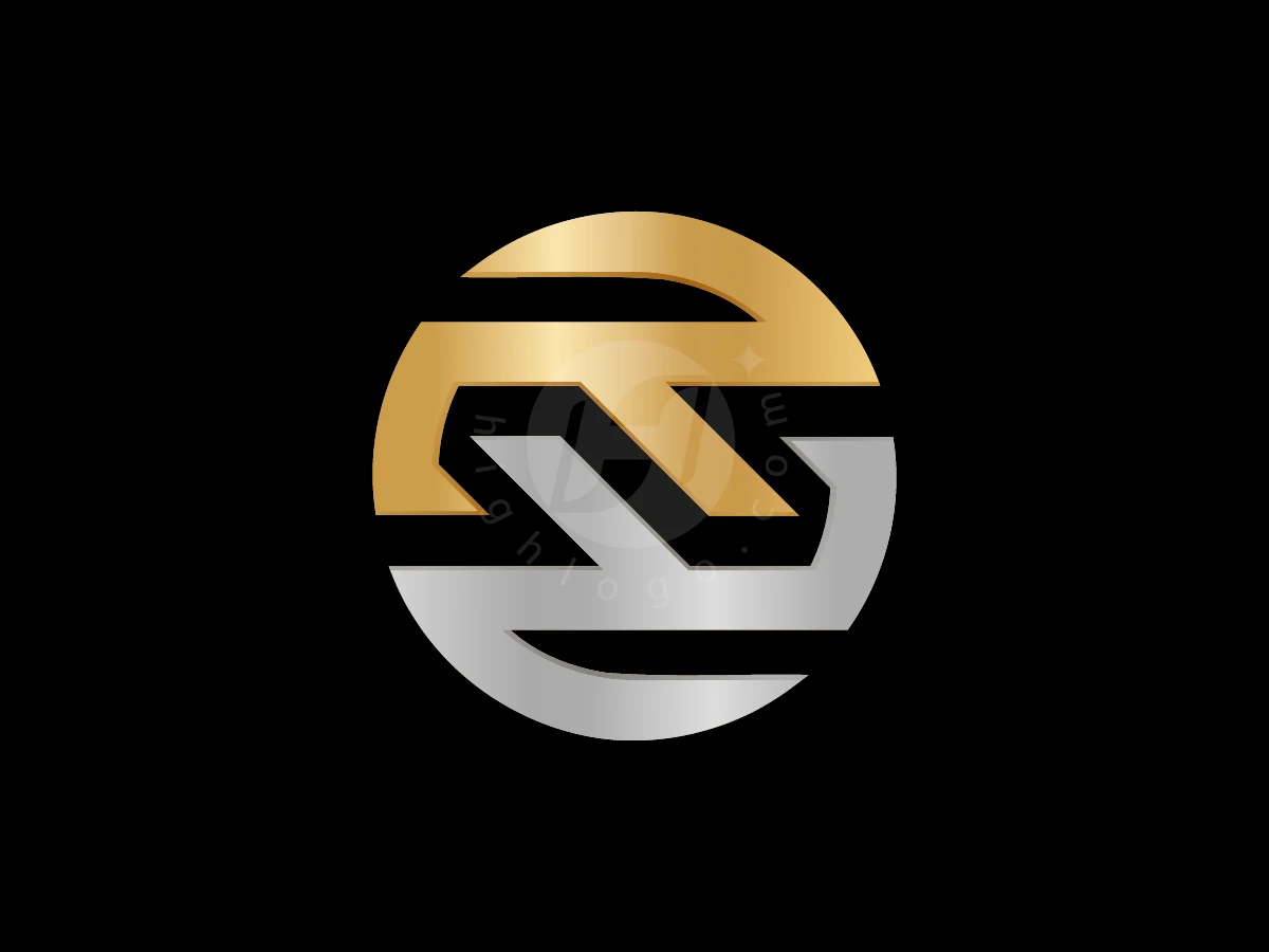 RR Circle Bold Futuristic Logo, Interlocking gold and silver metallic letters form a circular emblem against a solid black background.