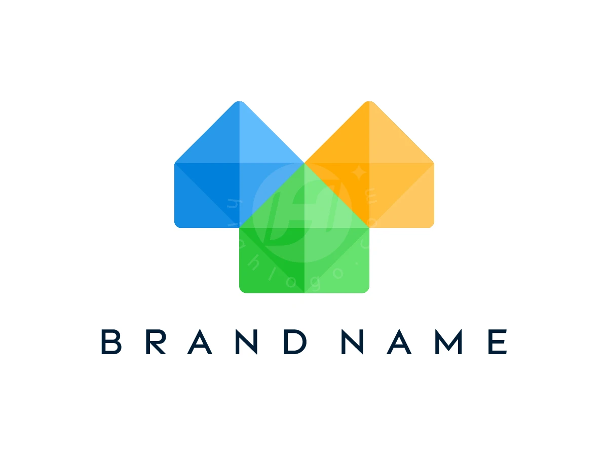 Letter T Residential Or Triple Homes Logo, Overlapping blue, yellow, and green faceted house shapes sit above bold, widely spaced black sans-serif brand name text.