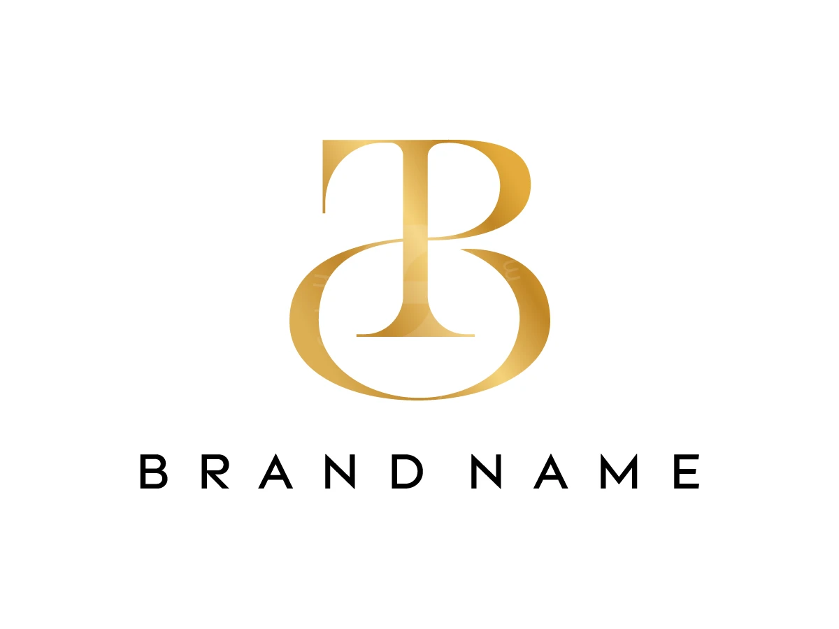 TB Monogram Luxury Logo, Gold gradient serif letters T and B interlock above spaced black BRAND NAME text on a white background.