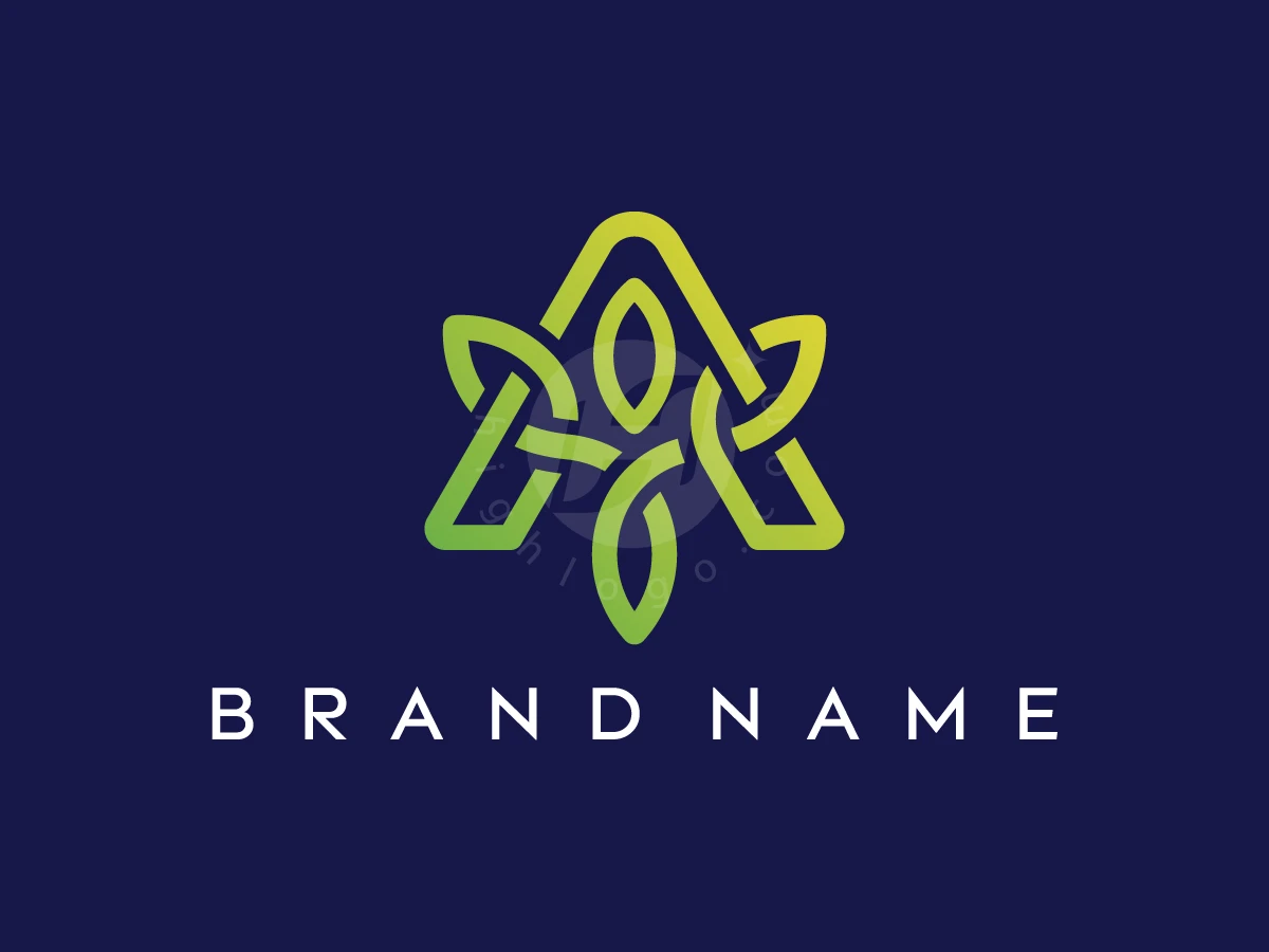 Letter A Human Organic Logo, Intertwined green and yellow lines form a leaf-inspired 'A' symbol above white sans-serif text on navy blue.
