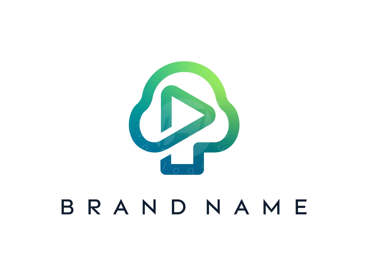 Play Button Tree Logo, Tree icon in teal and green gradient incorporates a triangular play symbol above spaced black sans-serif brand text.