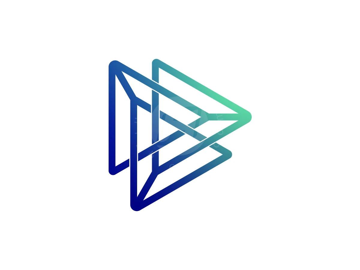 Triple Play Button Triangle Logo, Intertwined blue and green gradient lines form a three-dimensional, geometric triangular symbol on a white background.