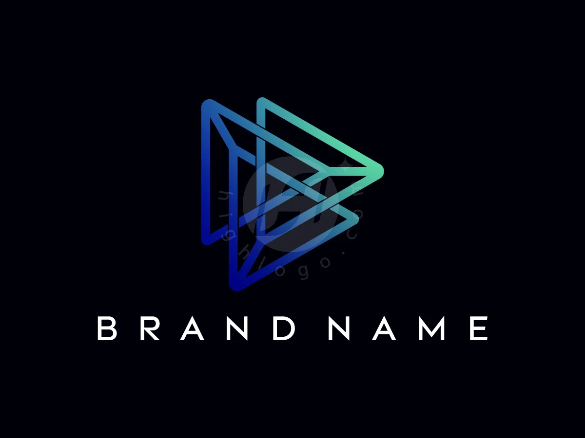 Triple Play Button Triangle Logo, Triangles featuring blue and teal gradients interlock above spaced white sans-serif text on a solid black background.