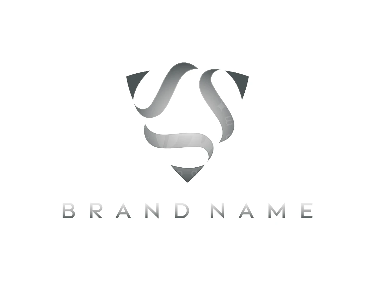 Triple S Shield Logo, Interlocking silver ribbons form a triangular shield emblem above "BRAND NAME" typography on a clean white background.