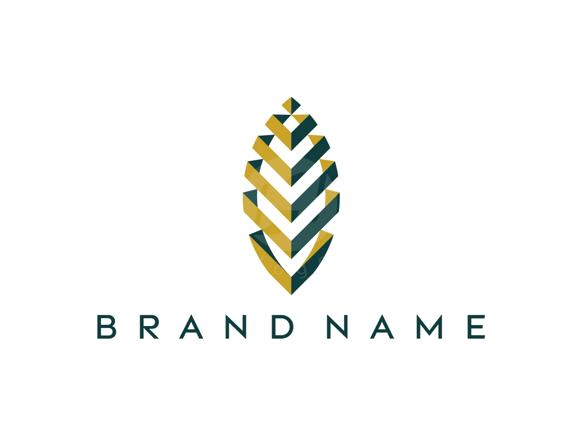 Luxury Leaf Building Logo, Gold and teal geometric ribbons form a stylized pinecone icon above spaced sans-serif "BRAND NAME" typography.