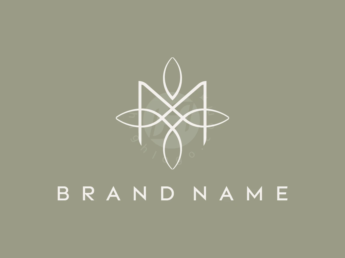 M Flower Line Logo, Intersecting white lines form a floral letter M monogram above "BRAND NAME" text on a sage green background.