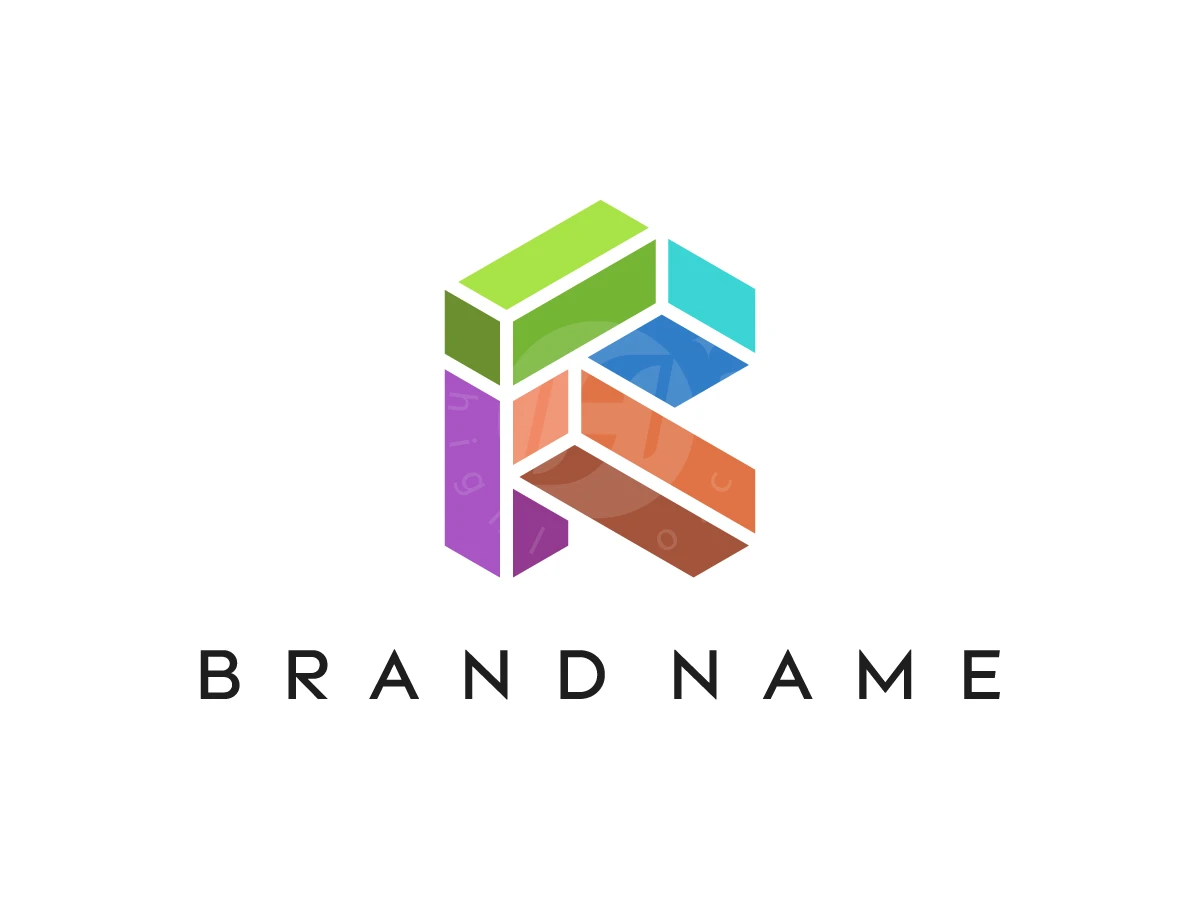 R Boxes Real Estate Logo, Multi-colored geometric blocks form a stylized 3D letter R above the spaced black text "BRAND NAME".