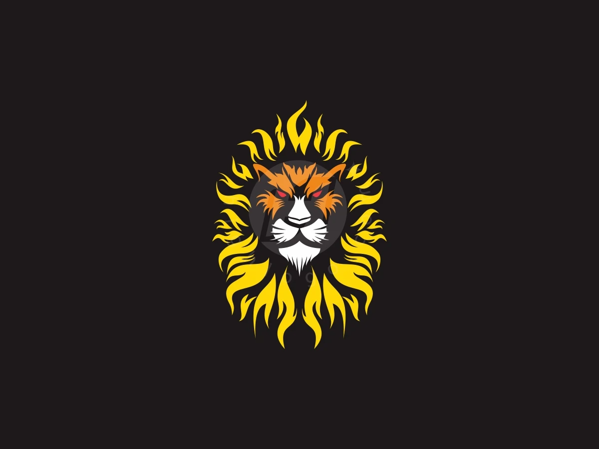 Elegant Lion Flame Logo, Flames of vibrant yellow surround a ferocious orange and white lion face featuring red eyes on a black backdrop.