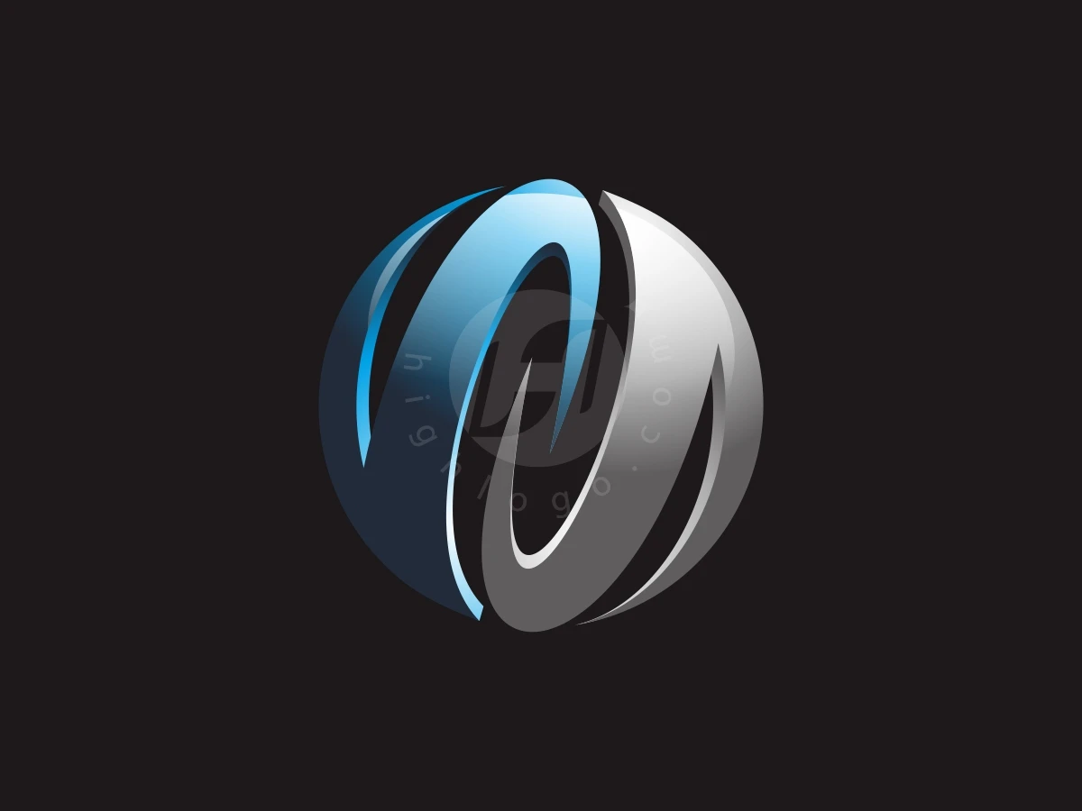 VA Letter 3D Circle Logo, Metallic blue and silver curved swooshes interlock smoothly to create a glossy three-dimensional sphere on a black background.