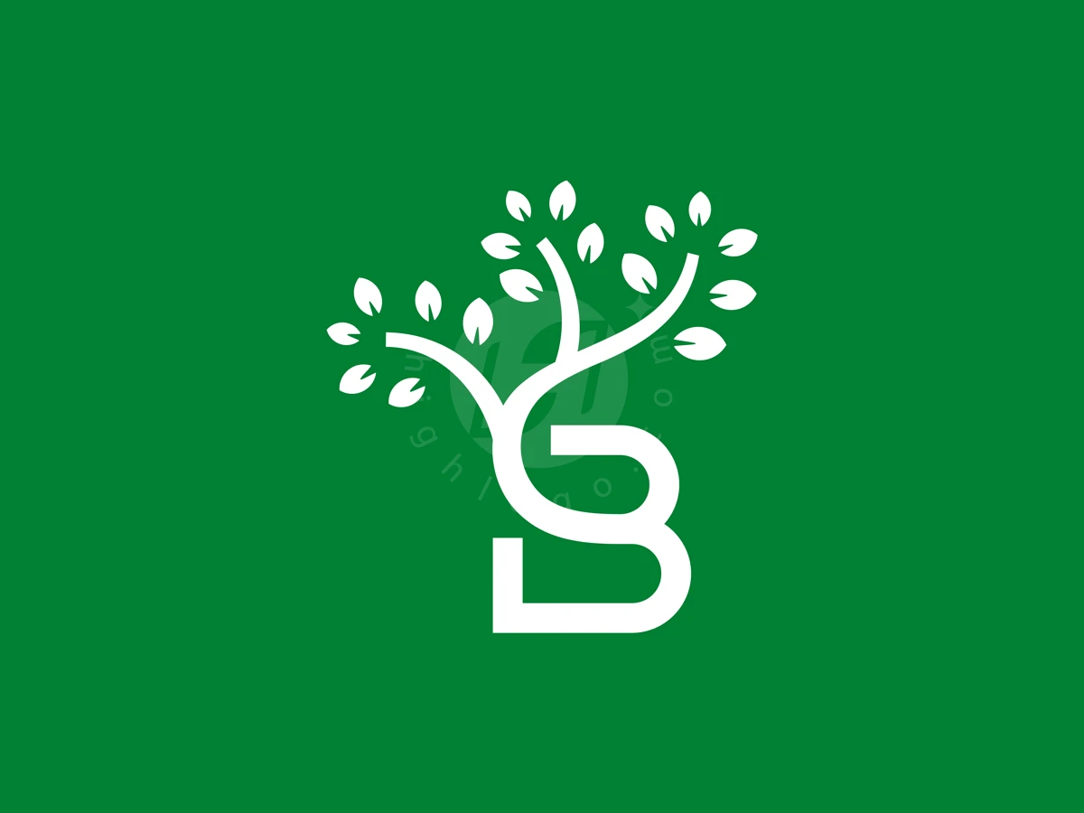 B Simple Tree Logo, White stylized letter B transforms into a leafy tree with branches against a solid green background.