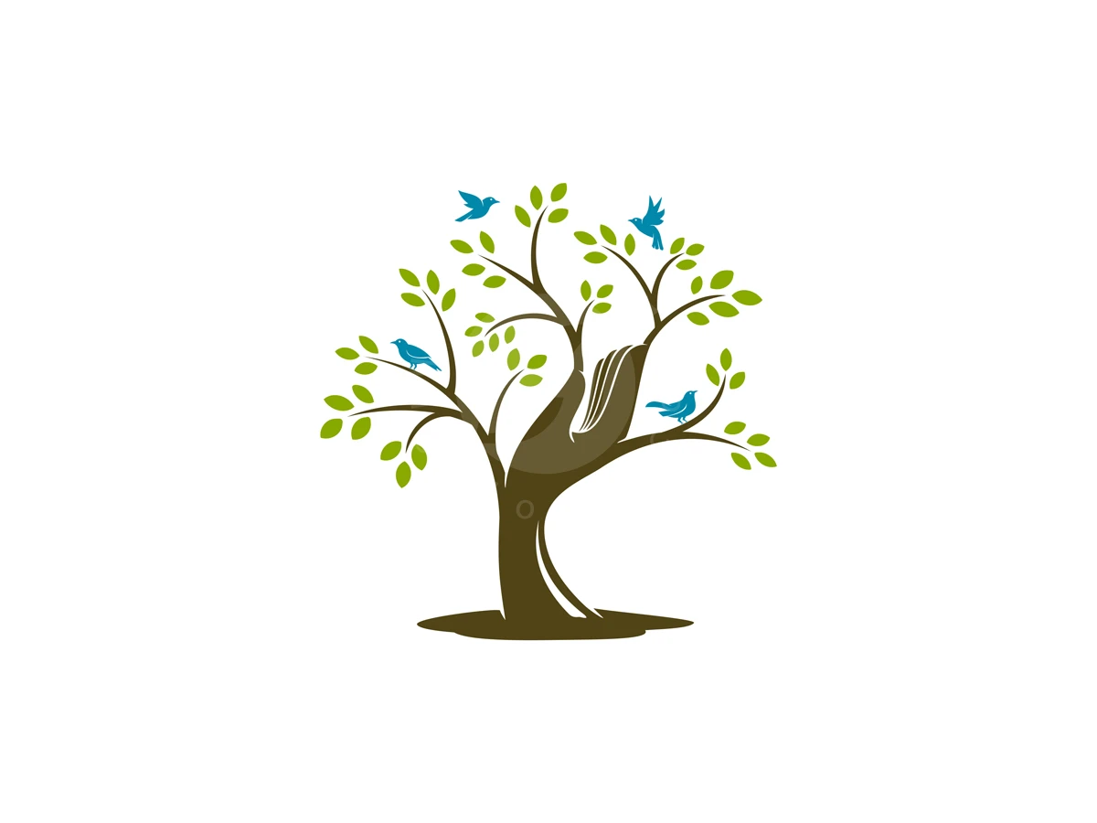 One With Nature Logo, Green leaves and blue birds adorn a stylized brown tree trunk shaped like a supportive human hand.