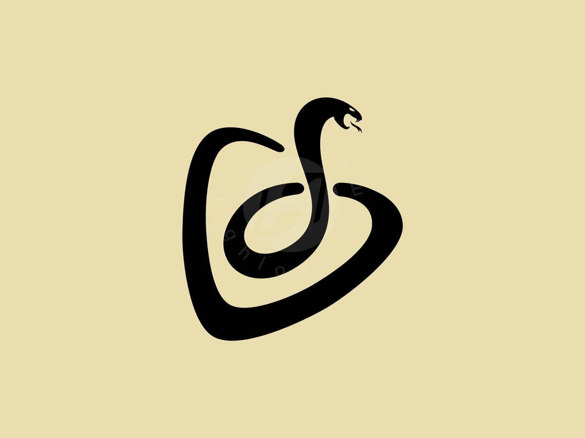 Cobra Music Play Logo, Curving gracefully on a warm beige backdrop, a sleek black snake forms an apple outline with open jaws.