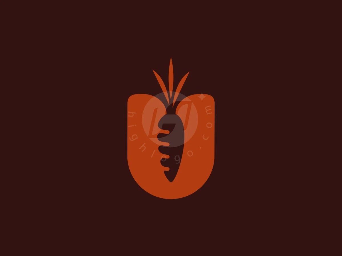 Within an orange letter U, a dark brown carrot silhouette with orange leaves forms a minimal brand logo.