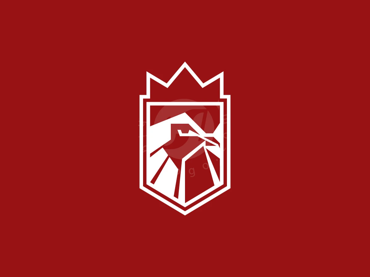 Shield and crown outlines frame a geometrical chicken king head in this white and red logo.