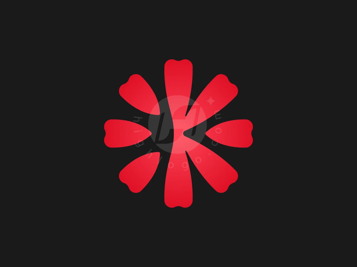 Flower petals in red encircle a stylized letter K within this beautiful letter K flower logo on black.