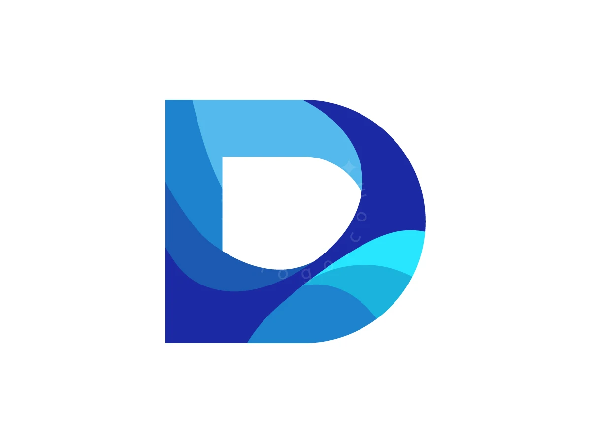 Layers of blue wavy shapes intersect to create a stylized capital letter D logo.