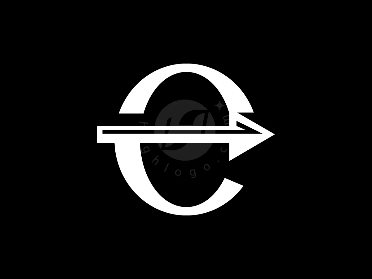 The Letter E With An Arrow Logo, White stylized letter 'E' integrated with a horizontal arrow, centered on a solid black background.