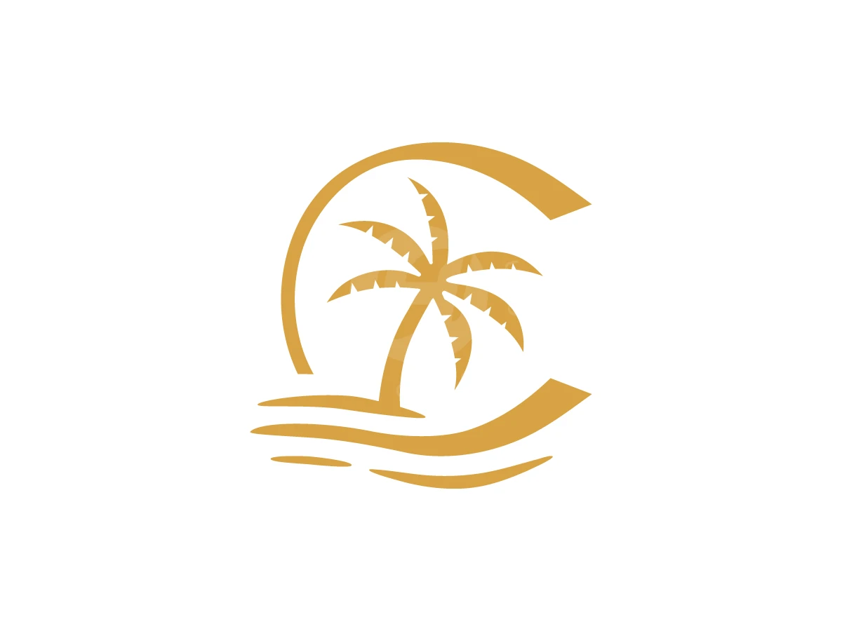 Letter C With Palm Tree Plain Logo, Waves flow beneath a golden palm tree silhouette inside a C-shaped circular frame on a white background.