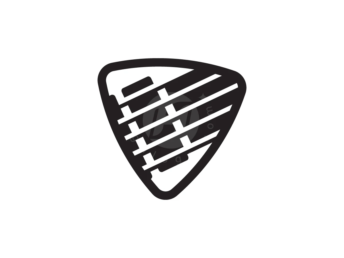 Guitar Logo Inside The Pick, Diagonal white lines cross thick black bars inside a rounded triangular silhouette on a white background.