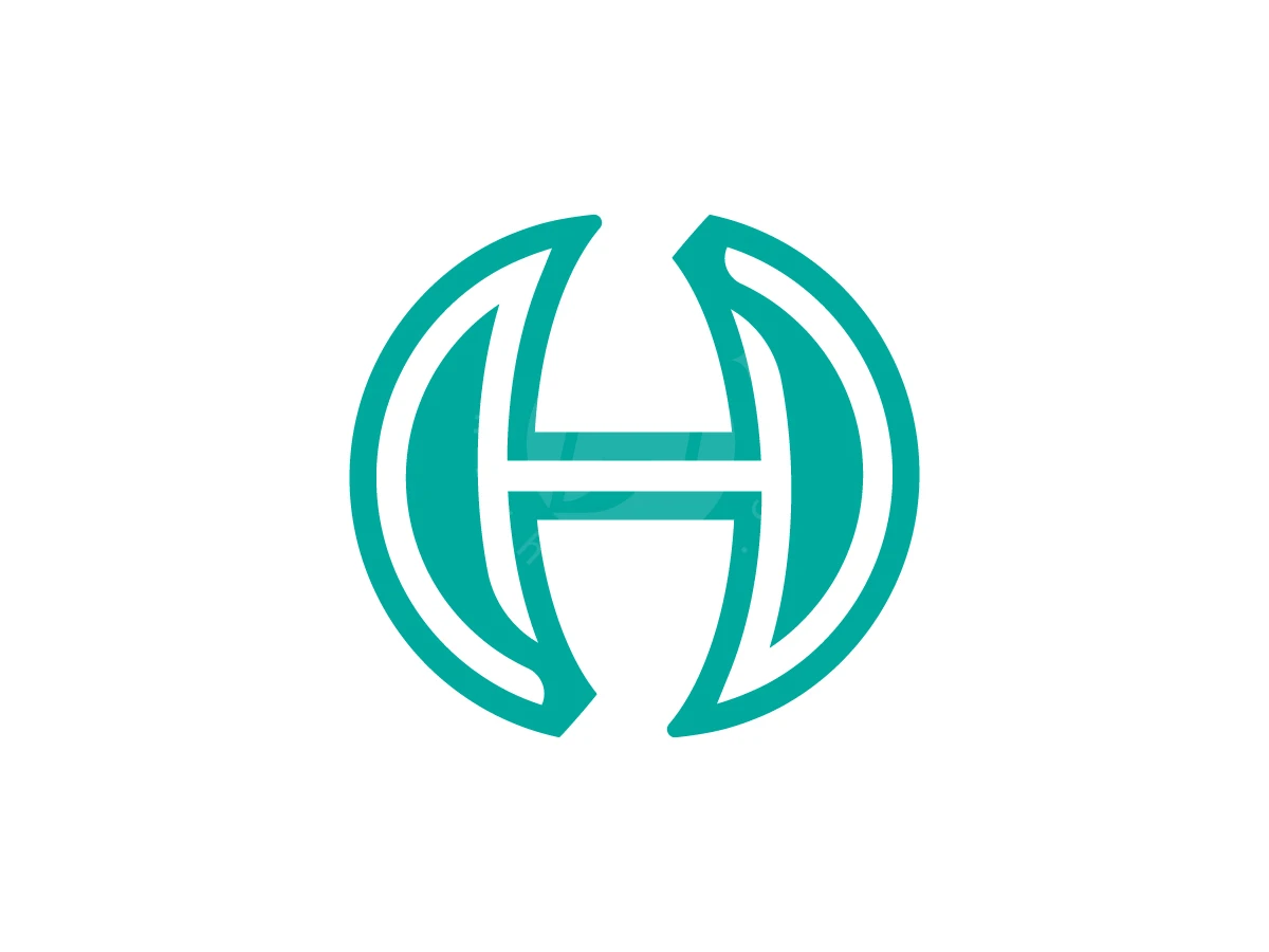 The Letter H In A Circle Logo, Teal-colored letter H featuring two mirrored crescent shapes sits inside a circular outline on white.
