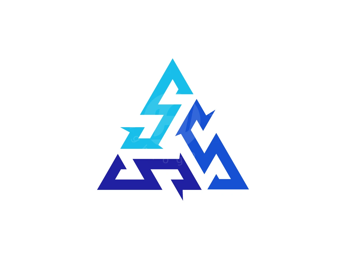 The Letters S Form A Triangle Logo, Three interlocking blue zig-zag shapes form a sharp-edged, geometric triangle against a plain white background.