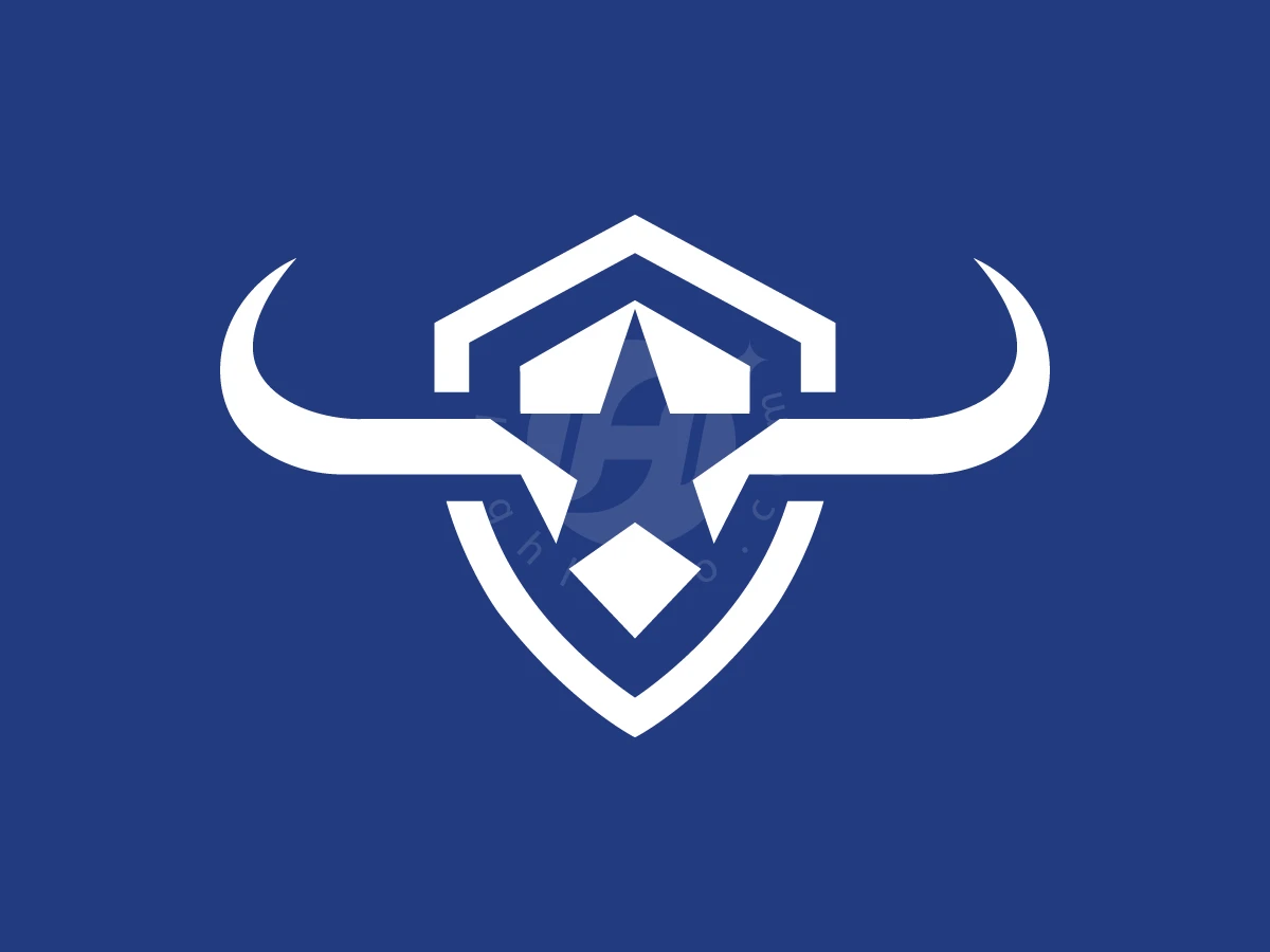 Star With Longhorns Logo, Bull horns and a star combine inside a white shield outline, displayed on a solid dark blue background.