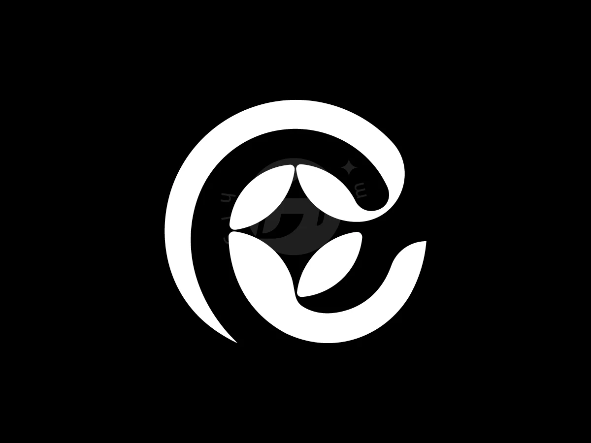 A Lowercase E With A Star In The Center, Flowing white lines shape a stylized, leaf-inspired letter 'e' emblem on a solid black background.