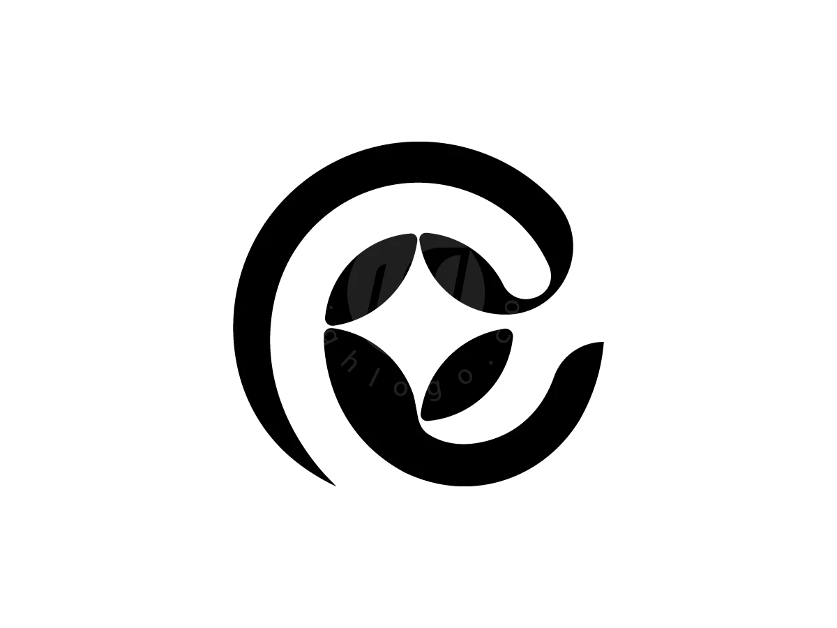 A Lowercase E With A Star In The Center, Elegant black curves loop together, forming a stylized circular emblem with four leaf-like petals on a white background.