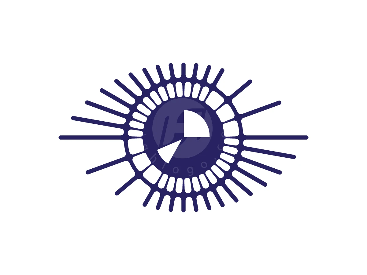 Outlines Of A Vision For The Future Logo, Radiating dark purple lines form an eye-like sunburst around a central circular dial on a plain white background.