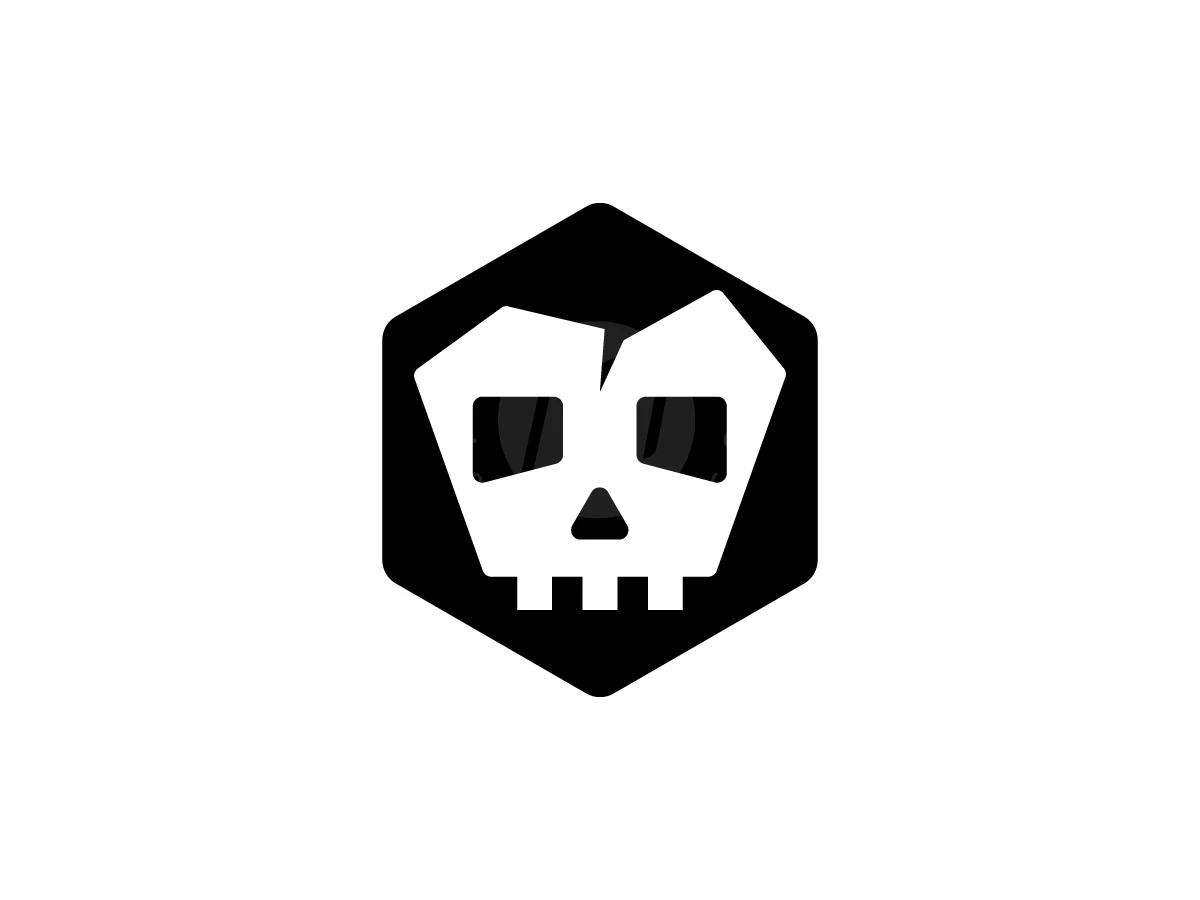 A Skull With A Geometric Shape Inside A Hexagon Logo, Inside a black hexagon, a cracked white skull with blocky teeth is displayed on a plain white background.
