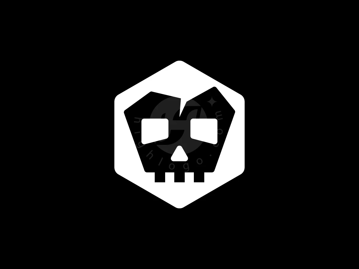 A Skull With A Geometric Shape Inside A Hexagon Logo, Centered on a black background, a white hexagon encloses a stylized black skull with a cracked forehead.