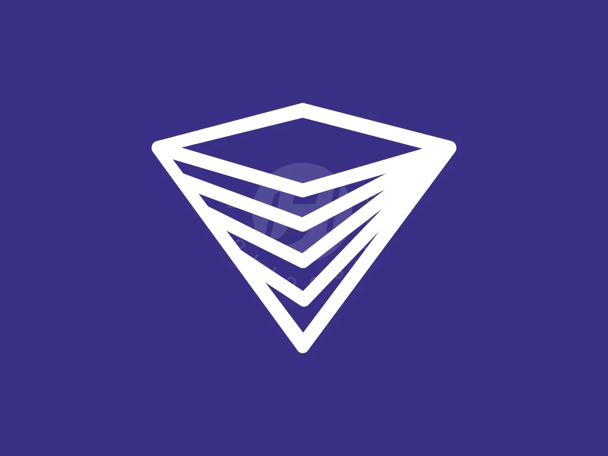 A Stack Of Papers Forming A V Logo, Geometric white lines form a layered, inverted pyramid symbol centered on a solid dark purple background.