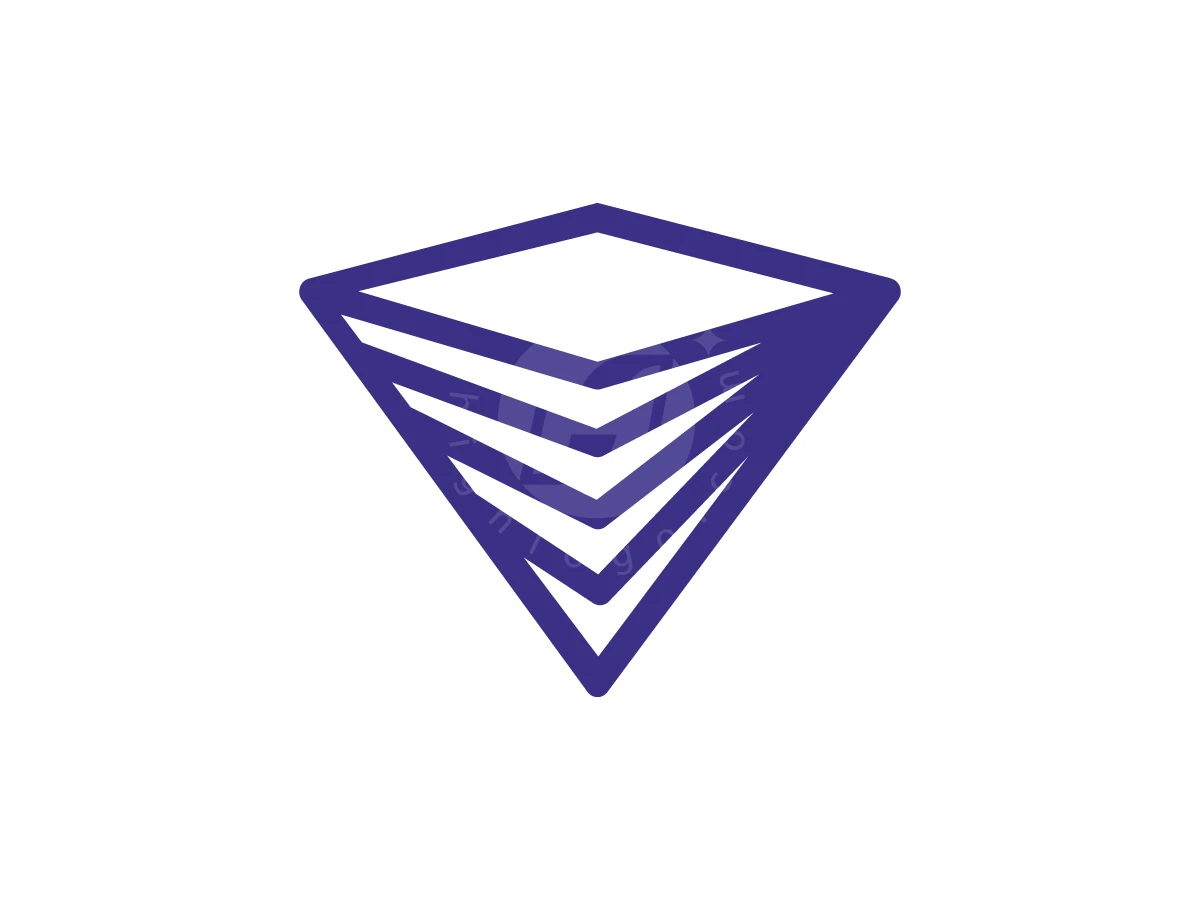 A Stack Of Papers Forming A V Logo, Inverted purple geometric pyramid with layered chevron bands tapers to a point on a plain white background.