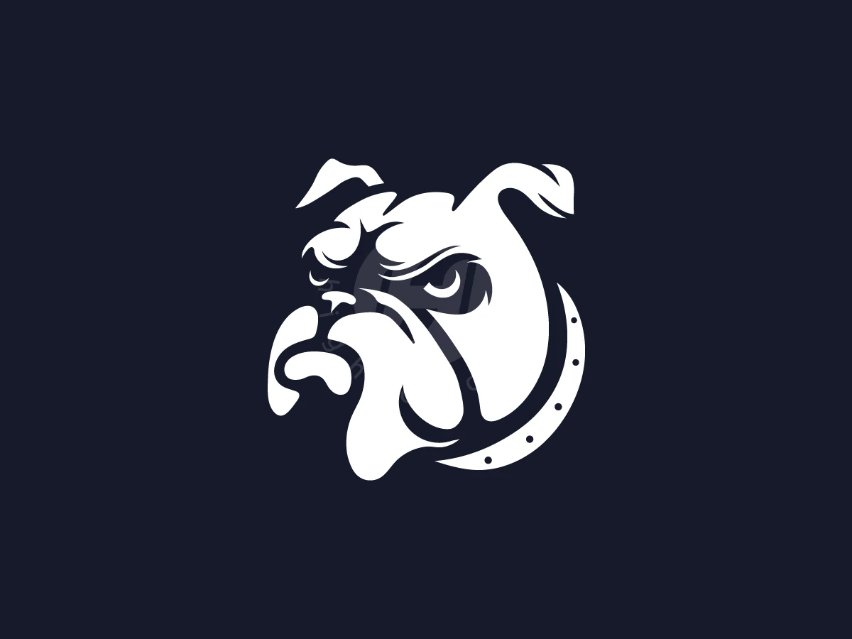 A Bulldogs Head Viewed From The Side Logo, Bulldog mascot head with an angry expression is rendered in white vector graphics on a dark navy background.