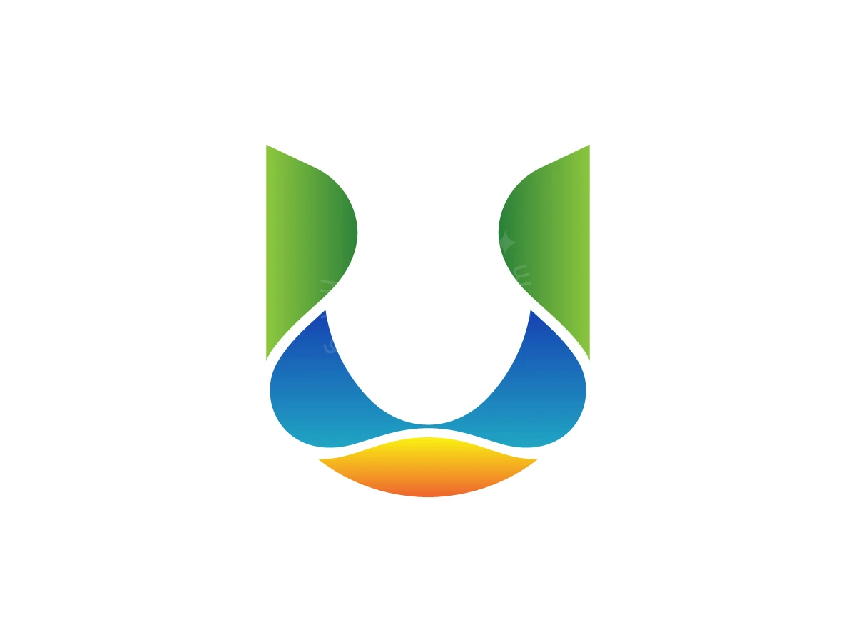 Elastic U Shaped Cutout Logo, Curved shapes in green, blue, and orange gradients merge to create a stylized U-shaped icon on white.