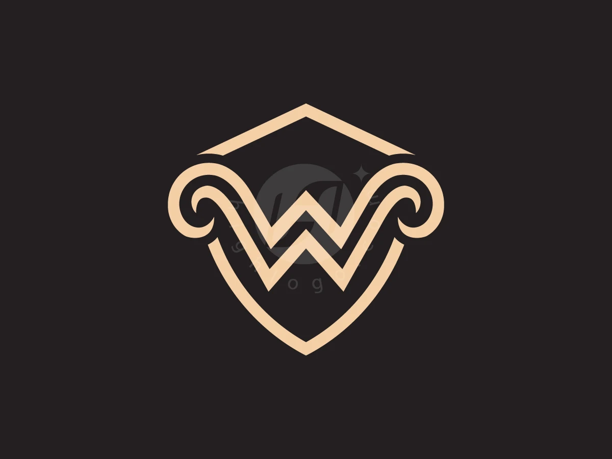 The Letter W With Horns Inside A Shield Logo, Gold-toned letter W with decorative curls forms a shield emblem against a solid dark brown background.