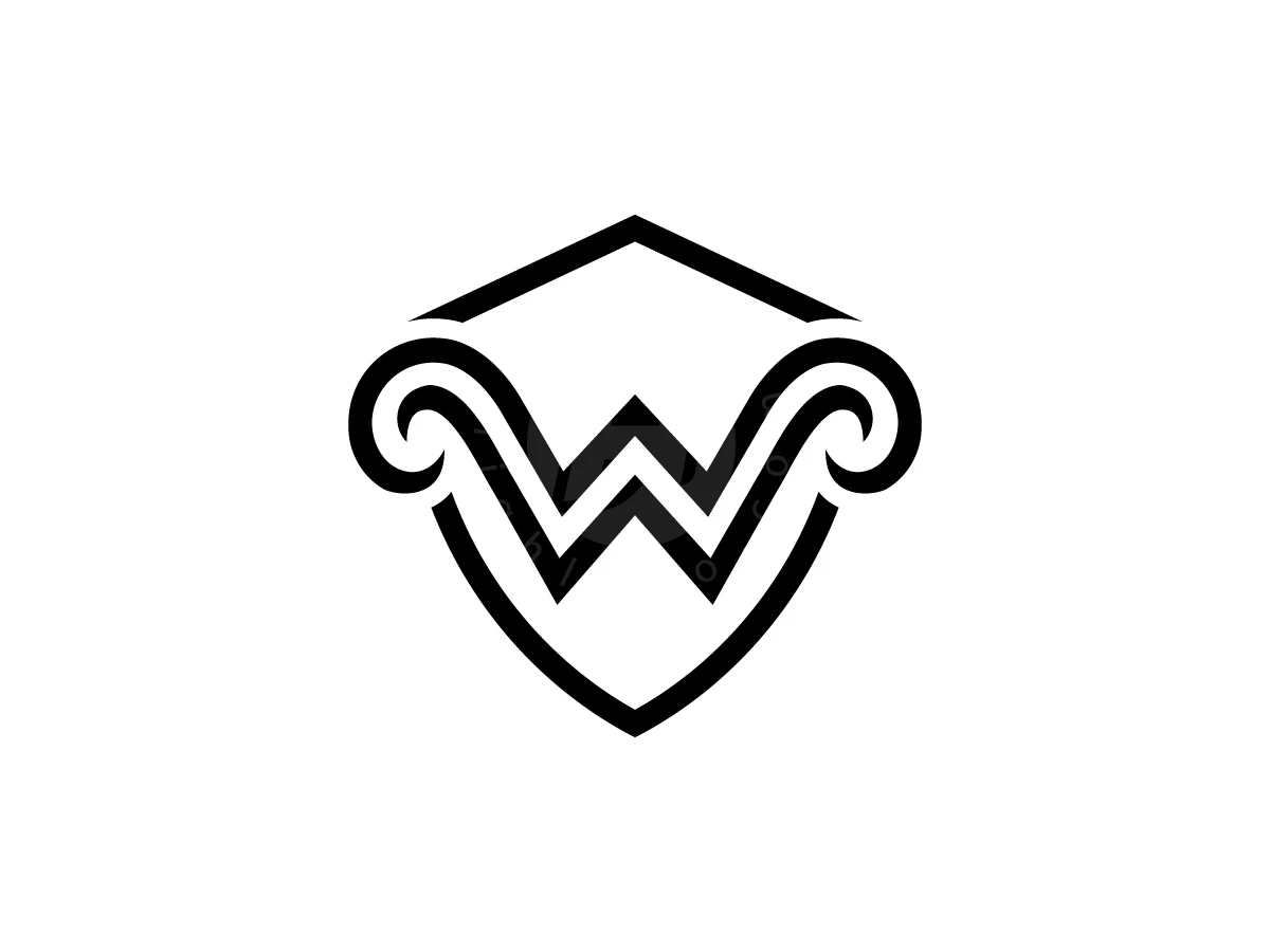 The Letter W With Horns Inside A Shield Logo, Curving scroll accents embellish a black line-art letter 'W' integrated into a minimalist shield outline on white.