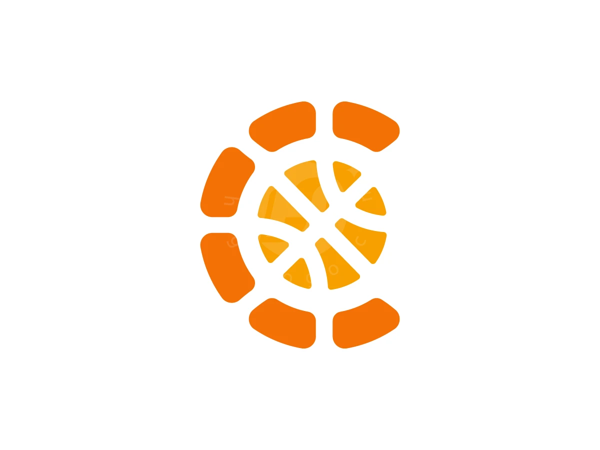 The Letter C With A Basketball Logo, Curved orange segments encircle a stylized yellow basketball, forming the letter C against a solid white background.