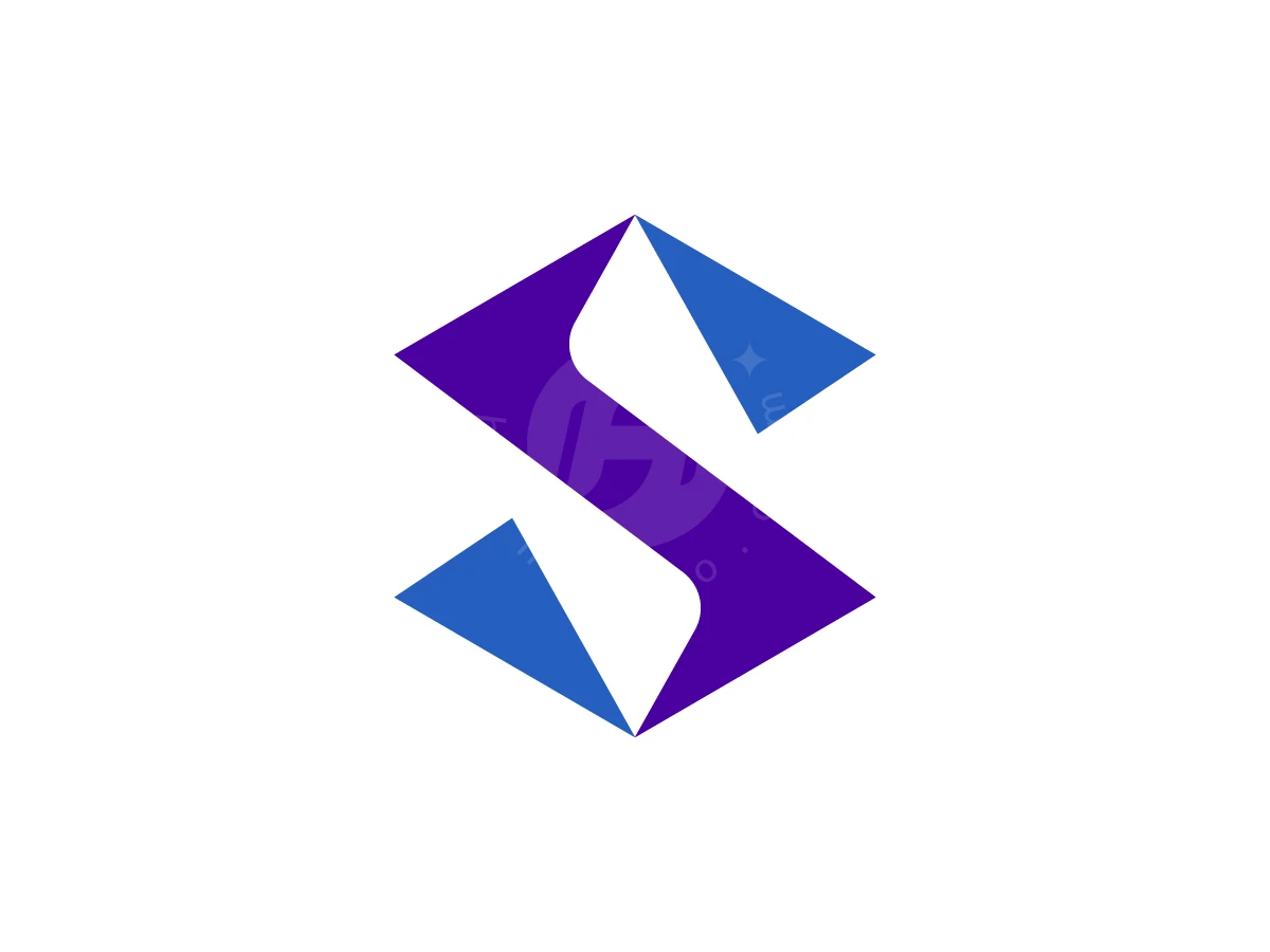 The Letter S With A Pointed Shape Logo, Geometric purple and blue shapes frame a stylized letter S formed by negative space on a white background.